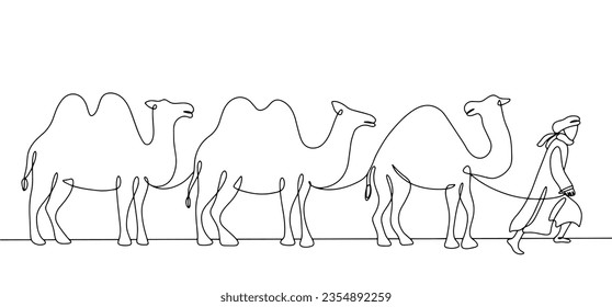 A caravaneer leads a caravan of camels behind him. International Day of caravan. One line drawing for different uses. Vector illustration.