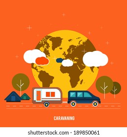 Caravaning near the tree. Caravaning tourism. Icons of traveling, planning a summer vacation, tourism and journey objects