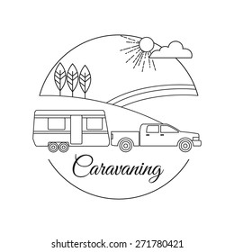 Caravaning tourism outline background. Minimalistic linear travel vacation landscape with bicycle. Vector illustration