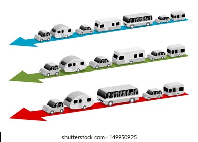 Caravans and buses go on vacation, three variants, 3d cartoon illustration
