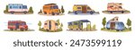 Caravans or RV for traveling and living. Vector isolated camper trailers with conveniences for passengers. Place to sleep on trip. Long distance journeys and vacation on nature. Automobiles set