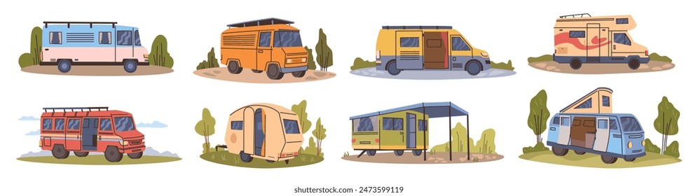 Caravans or RV for traveling and living. Vector isolated camper trailers with conveniences for passengers. Place to sleep on trip. Long distance journeys and vacation on nature. Automobiles set