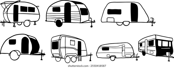 Ilustração de Conjunto de Caravanas | Vetor de doodle minimalista para projetos de viagem e aventura