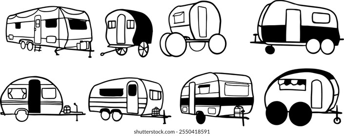 Ilustração de Conjunto de Caravanas | Vetor de doodle minimalista para projetos de viagem e aventura