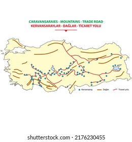 Caravanserais, mountains, trade routes in Turkey. Vector illustration