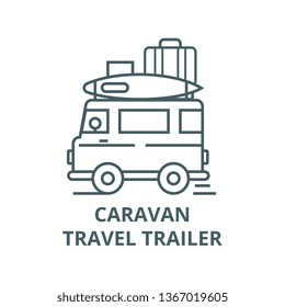 Caravan,travel camping trailer line icon, vector. Caravan,travel camping trailer outline sign, concept symbol, flat illustration