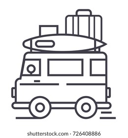 caravan,travel camping trailer vector line icon, sign, illustration on background, editable strokes