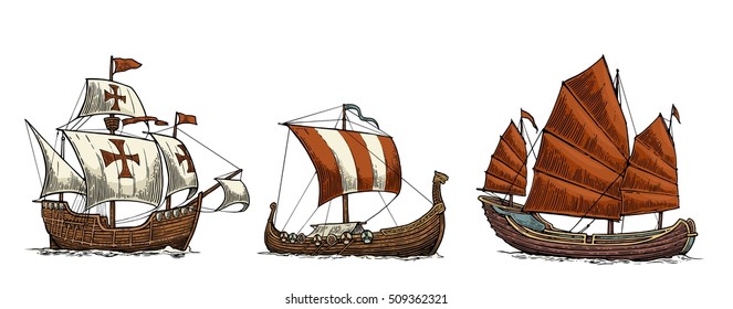 Caravel, drakkar viking, junk. Set sailing ships floating on the sea waves. Hand drawn design element. Vintage color vector engraving illustration for poster, postmark. Isolated on white background.