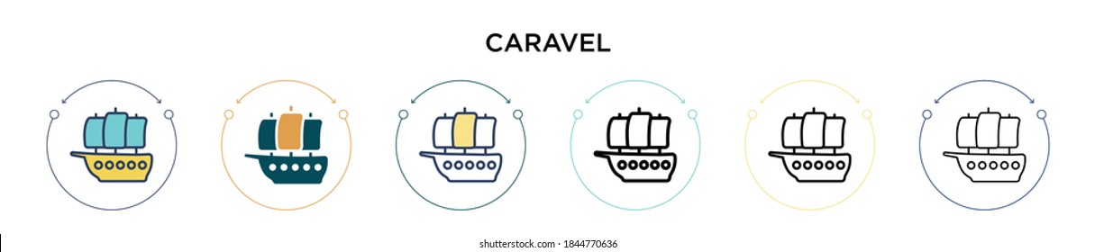 Icono de caravela en estilo relleno, delgado, contorno y trazo. Ilustración vectorial de dos diseños de vectores de caravanas de color y negro se pueden utilizar para móviles, ui, web