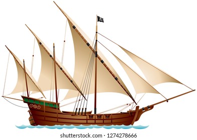 Caravel Pirate Ship, Age Of Discovery Sailing Ship Under The Jolly Roger Black Flag Vector Illustration

