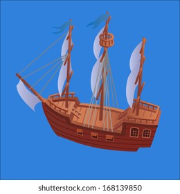 Caravel, sailing ship isolated vector illustration. Hand drawn design element.