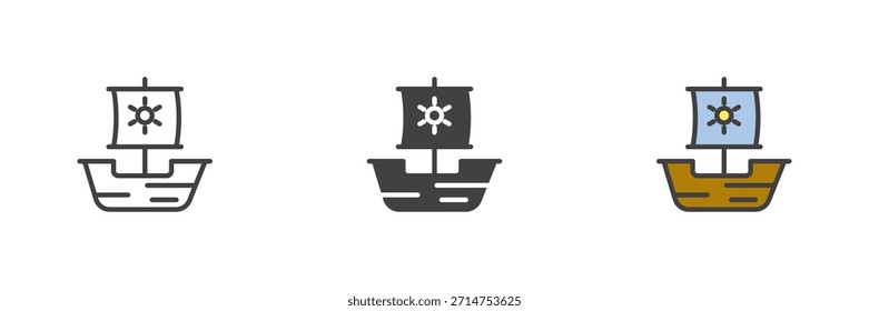 Caravel Schiff mittelalterlichen Segeln verschiedenen Stil Ikone Set. Linie, ausgefüllte Kontur und einfarbiges Vektorsymbol. Symbol des Seeschiffes, Erkundungsschild, Symbol der nautischen Reise für Geschichte und Fantasie-Symbol.