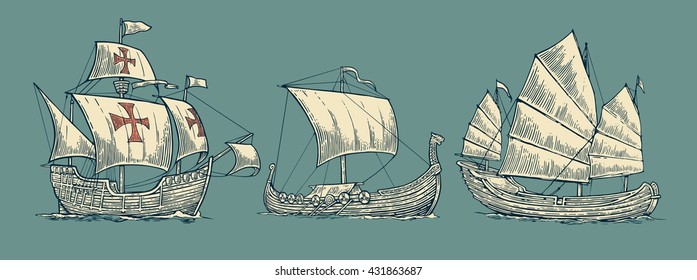 Caravel, viking drakkar, junk. Set sailing ships floating on the sea waves. Hand drawn design element. Vintage vector engraving illustration for poster, label, postmark. Isolated on blue background.