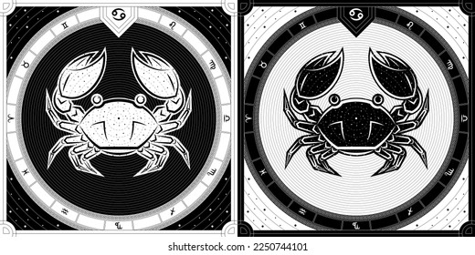 Carb Cancer Zodiac Sign, Classic Greek Meander Black-White Silhouette, Stellar Star Sign, Horoscope Astrology Fortune-Telling and Future Prediction, Badge Icon Vector Design Illustration.