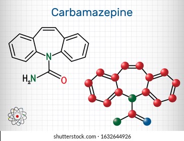 Carbamazepine, CBZ, C15H12N2O  molecule. It is anticonvulsant and analgesic drug, used in therapy of epilepsy and trigeminal neuralgia. Sheet of paper in a cage. Vector illustration