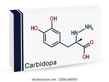 Carbidopa molecule. It is dopa decarboxylase inhibitor used for treatment of idiopathic Parkinson disease. Skeletal chemical formula. Paper packaging for drugs. Vector illustration