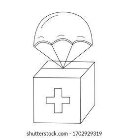 Carboard Box With Medical Cross And Parachute. Concept Of International Air Shipping And Fast Delivery. Humanitarian Aid For Poor Countries With Medicine, Masks, Individual Protections, Pills, Vaccine