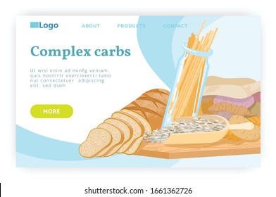 Carbohydrate food concept. Pasta, wheat bread, whole grain, seeds, potato, carbs diet. Vector web site design template. Landing page website concept illustration.