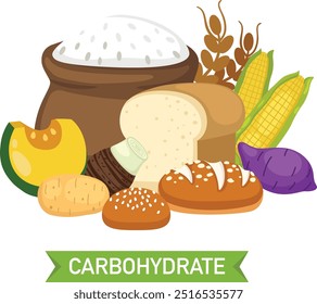 Ilustración vectorial del grupo de alimentos con carbohidratos