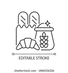 Carbohydrate linear icon. Wheat ingredient in foodstuff. Food group for dietary balance. Thin line customizable illustration. Contour symbol. Vector isolated outline drawing. Editable stroke