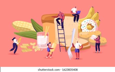 Carbohydrate Nutrition Concept. Tiny Characters Eating Sugar And Wheat Food. Healthy And Unhealthy Carbs Types, Meals With High Energy, Cholesterol And Glucose, Diet. Cartoon Vector Illustration