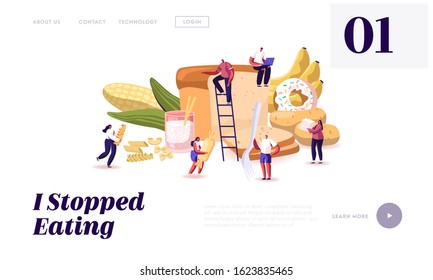 Carbohydrate Nutrition Website Landing Page. Tiny Characters Eating Sugar and Wheat Food. Healthy and Unhealthy Carbs Types, Meals with High Energy Web Page Banner. Cartoon Flat Vector Illustration