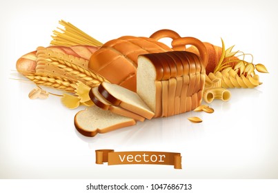 Carbohydrates. Bread, pasta, wheat, cereals. 3d vector illustration