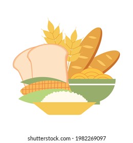 Carbohydrates food concept vector illustration on white background. Bread, rice, corn, noodles and wheat in flat design.