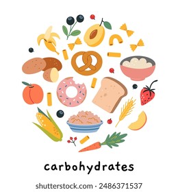 Infografía de productos de fuentes de carbohidratos. Alimentos saludables con pan, pasta, cereales, verduras, frutas, granos integrales y bayas. Ilustración vectorial aislada en blanco, dibujado a mano, diseño plano