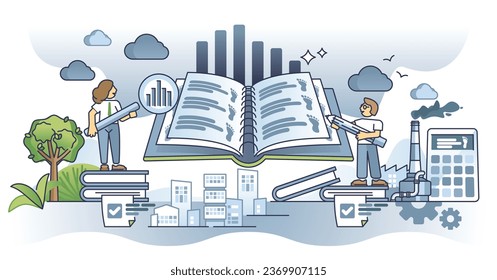 Carbon accounting and CO2 emissions level calculations outline concept. Manufacturing company monitoring its dioxide impact on climate and nature with greenhouse gases pollution vector illustration.