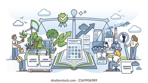 Carbon accounting and CO2 pollution management or reduction outline concept. Ecological work with dioxide neutral strategy, green bio initiatives and targets to reduce footprint vector illustration.