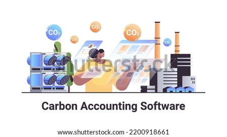 carbon accounting software concept businesswoman analyzing statistic data graphs responsibility of co2 emission