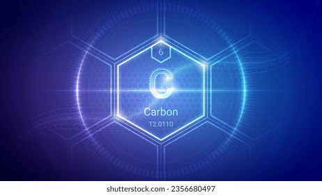 Carbono (C) No-metal - Elemento fundamental Futurista Neon Light Glow Hexagon Block Grid Design - Tabla periódica, Símbolo químico, nombre, masa atómica, número atómico