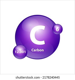 Estructura de icono de carbono (C) elemento químico forma redonda círculo púrpura. Vector de ilustración 3D. Elemento químico de la tabla periódica Signo con número atómico. Estudio en ciencia para la educación. 