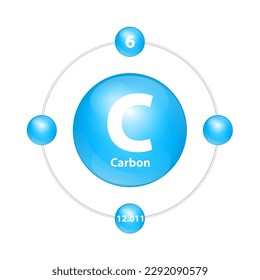 Carbon (C) Icon structure chemical element round shape circle light blue with surround ring. Period number shows of energy levels of electron. Study science for education. 3D Illustration vector.