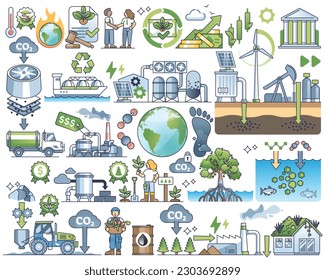 Carbon capture and CO2 dioxide storage underground outline collection set. Exhaust air pollution problem solution as nature friendly method vector illustration. Elements with greenhouse gas control.