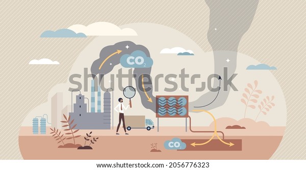 Carbon capture as CO2 reducing with emission\
utilization tiny person concept. Greenhouse gas pollution control\
with sequestration process vector illustration. Sustainable\
solution storage under\
ground