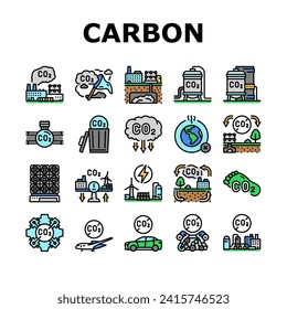 los iconos de almacenamiento de captura de carbono co2 establecen el vector. huella energética, secuestro de utilización, verde, tecnología, reducción de la contaminación captura de carbono e2 ilustraciones de la línea de color de almacenamiento de CO2