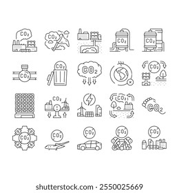 captura de carbono co2 ícones de armazenamento definir vetor. pegada de energia, sequestro de utilização, verde, tecnologia, redução da poluição captura de carbono armazenamento de co2 ilustrações contorno preto