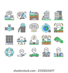 captura de carbono co2 ícones de armazenamento definir vetor. pegada de energia, sequestro de utilização, verde, tecnologia, redução da poluição captura de carbono co2 armazenamento de cores ilustrações