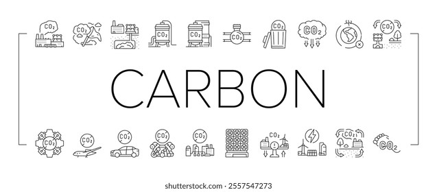 carbon capture co2 storage icons set vector. energy footprint, utilization sequestration, green, technology, pollution reduction carbon capture co2 storage black contour illustrations