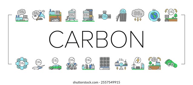 carbon capture co2 storage icons set vector. energy footprint, utilization sequestration, green, technology, pollution reduction carbon capture co2 storage color line illustrations