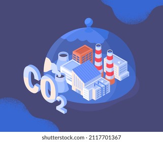 Carbon capture concept. Environmental pollution, global ecological problems. Incorrect waste treatment, manufacture. Abstract image of factory. Poster or banner. Cartoon volumetric vector illustration