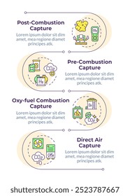 CO2-Abscheidung verschiedenen Technologien infographische vertikale Sequenz. Umweltfreundlich, Vergasung. Visualisierungs-Infochart mit 4 Schritten. Kreise-Workflow