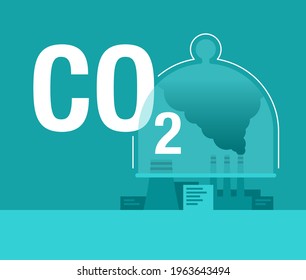 Carbon Capture Future Technology research - net CO2 footprint neutralize development strategy. Vector illustration with metaphor - domed glass dish catching harmful cloud