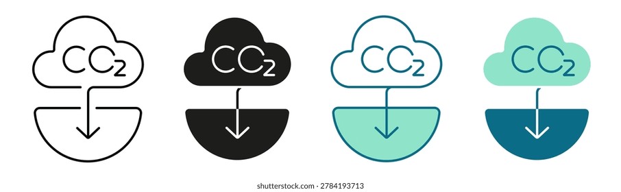 Carbon Capture Icon. CO2 Cloud, Down Arrow and Soil Logo. Line, Negative, Duotone and Solid Style for Dark and Light UI, Web and Mobile Apps.