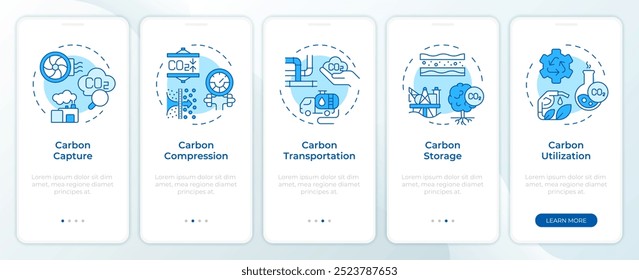 CO2-Fangmethoden blau onboarding mobilen App-Bildschirm. Exemplarische Vorgehensweisen 5 Schritte bearbeitbare grafische Anweisungen mit linearen Konzepten. UI, UX, GUI-Vorlage