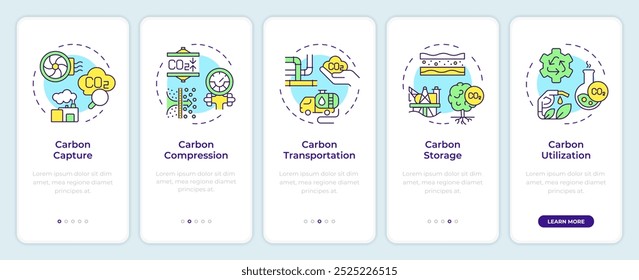 Bildschirm der mobilen App für die CO2-Abscheidung an Bord. CO2-Emission. Exemplarische Vorgehensweisen 5 Schritte bearbeitbare grafische Anweisungen mit linearen Konzepten. UI, UX, GUI-Vorlage