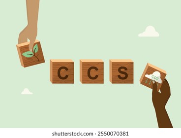 Carbon Capture Storage Environmental Technology Illustration Concept. CCS (Carbon Capture Storage) with wooden blocks, plant growth, and CO2 cloud symbols representing environmental solutions.  Vector