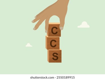 Carbon Capture Storage Environmental Technology Illustration Concept. CCS (Carbon Capture Storage) with wooden blocks and CO2 cloud symbols representing environmental solutions. Vector illustration